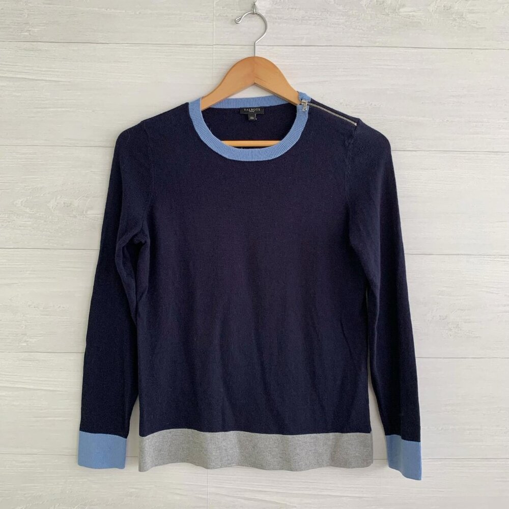Talbots Petites - Navy blue soft cotton blend 3/4 sleeve zip shoulder sweater MP
